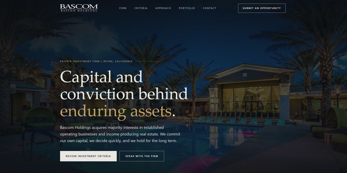 The bascomholdings.com homepage after the redesign, shown at desktop width