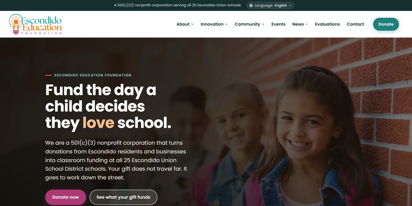 The escondidoeducation.org homepage after the redesign, shown at desktop width