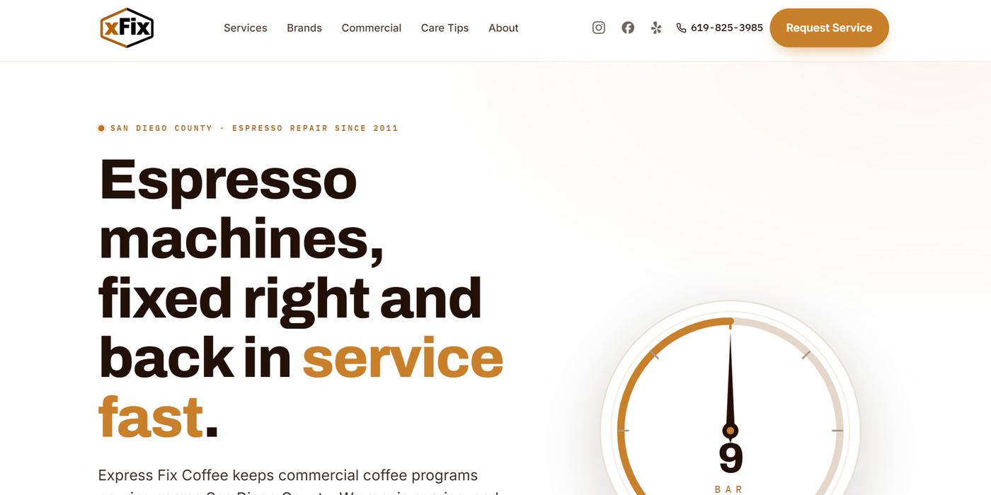 The expressfixcoffee.com homepage after the redesign, shown at desktop width