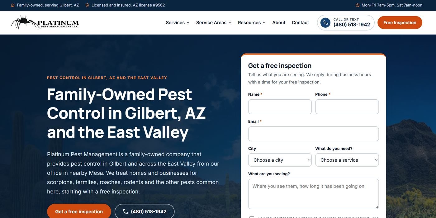 The platinumpestaz.com homepage after the redesign, shown at desktop width