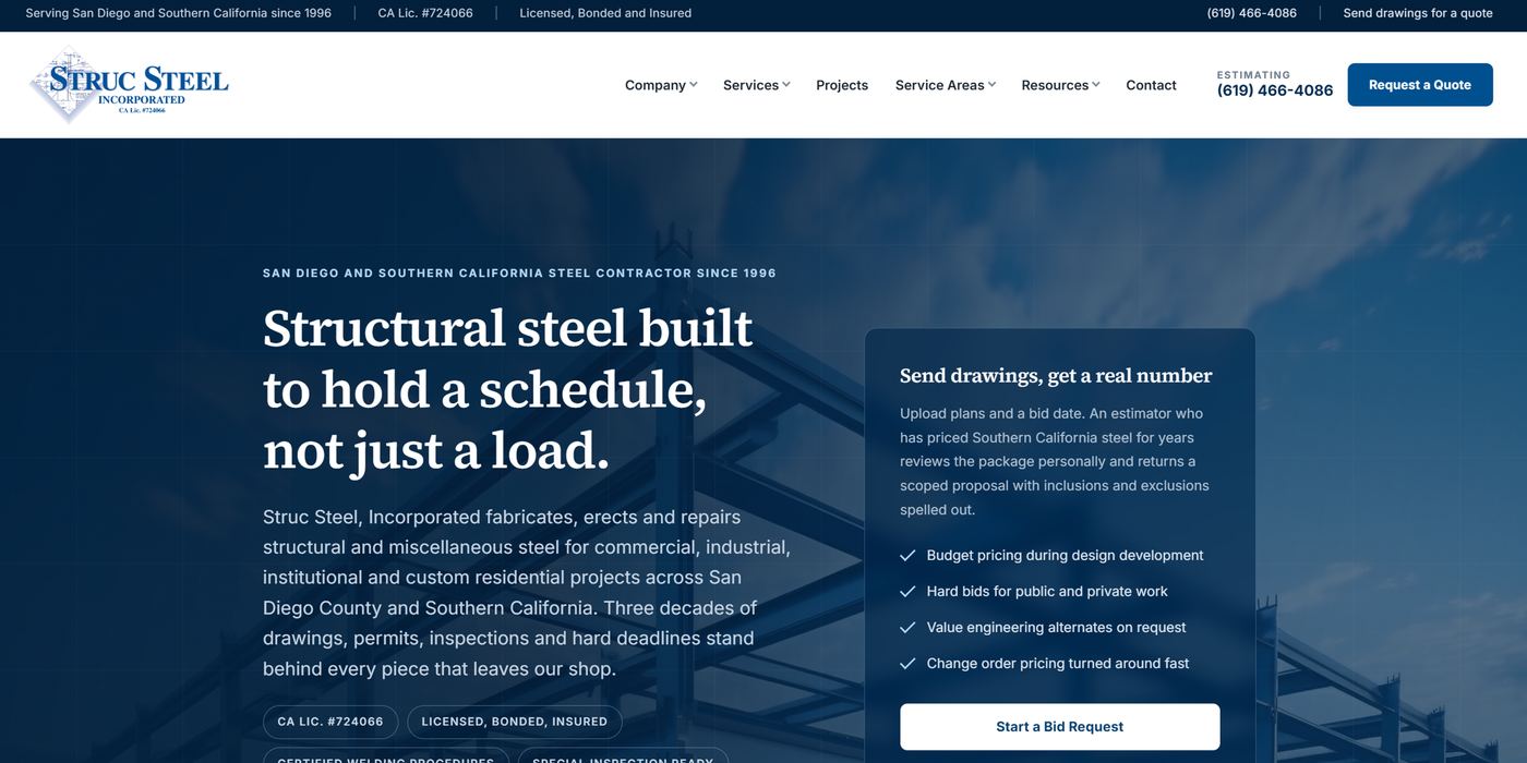 The strucsteel.com homepage after the redesign, shown at desktop width